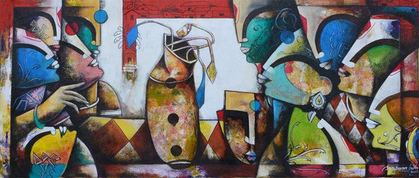 contemporary acrylic painting titled 'Eternal Bonding', 64x26 inches, by artist Anupam Pal on canvas