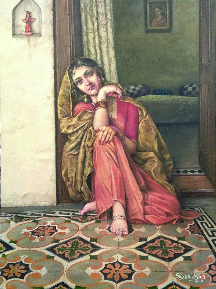 Figurative oil painting titled 'Eternal Wait Of Newly Wedde Girl', 42x31 inches, by artist Shyam Verma on Canvas