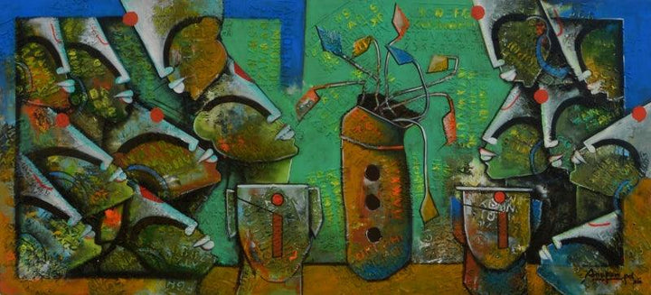 Abstract mixed media painting titled 'Eterrnal Bonding 7', 30x66 inches, by artist Anupam Pal on Canvas