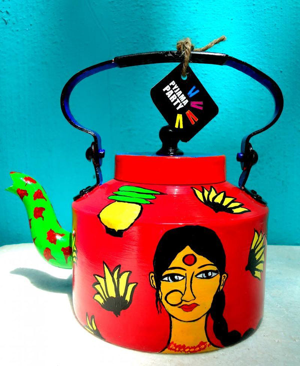 Lifestyle craft titled 'Ethinicity Tea Kettle', 9x9x7 inches, by artist Rithika Kumar on Aluminium