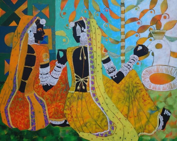 Figurative acrylic painting titled 'Ethnic Serendipity 153', 24x30 inches, by artist Anuradha Thakur on Canvas