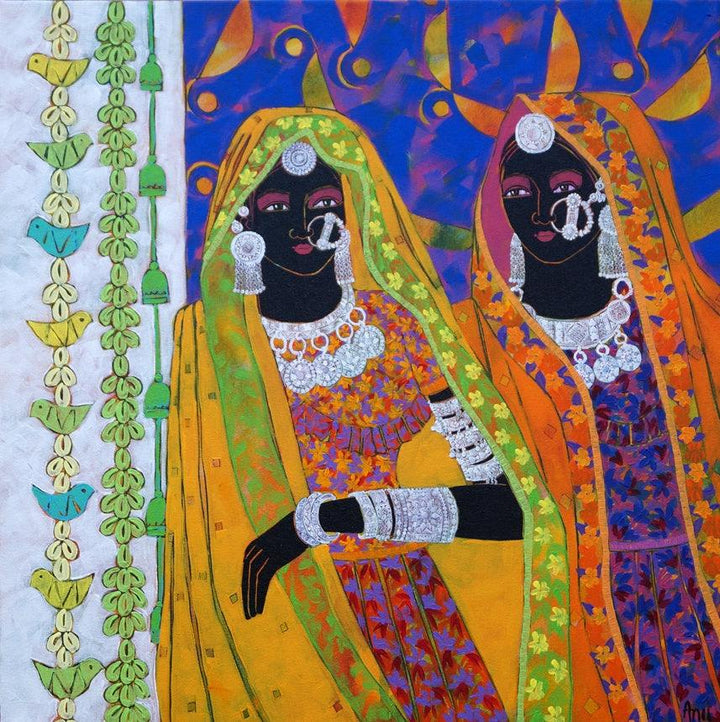 Figurative acrylic painting titled 'Ethnic Serendipity 154', 24x24 inches, by artist Anuradha Thakur on Canvas