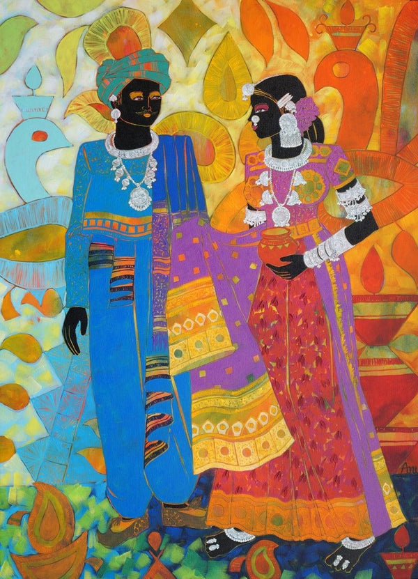 Figurative acrylic painting titled 'Ethnic Serendipity 157', 40x30 inches, by artist Anuradha Thakur on Canvas