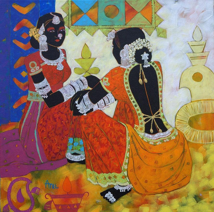 Figurative acrylic painting titled 'Ethnic Serendipity 160', 24x24 inches, by artist Anuradha Thakur on Canvas