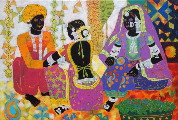 Figurative acrylic painting titled 'Ethnic Serendipity 171', 24x36 inches, by artist Anuradha Thakur on Canvas