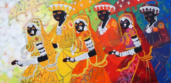 Figurative acrylic painting titled 'Ethnic Serendipity 173', 24x48 inches, by artist Anuradha Thakur on Canvas