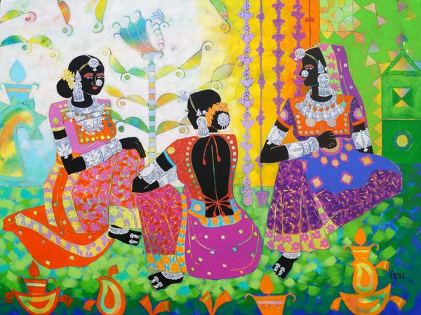 Figurative acrylic painting titled 'Ethnic Serendipity 22', 36x48 inches, by artist Anuradha Thakur on Canvas