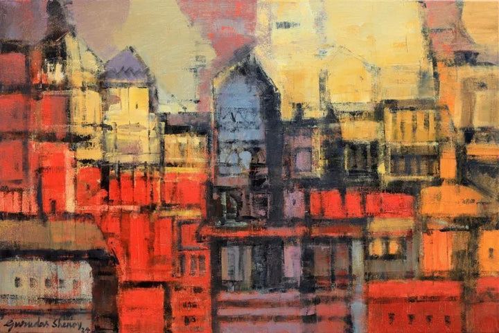 Abstract oil painting titled 'Europe Studio', 24x36 inch, by artist Gurudas Shenoy on Canvas