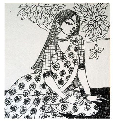 Figurative ink drawing titled 'Evening', 5x5 inches, by artist Varsha Kharatamal on Paper