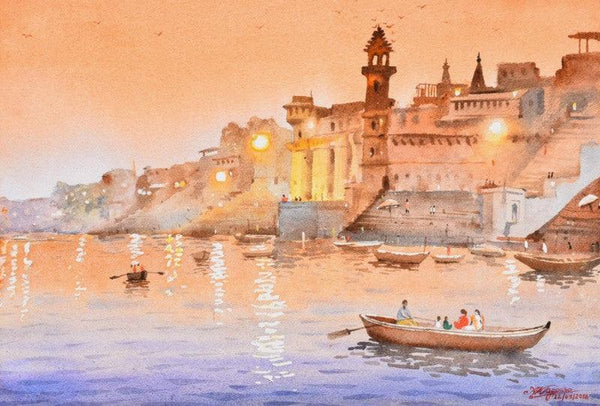 Cityscape watercolor painting titled 'Evening At Banaras', 15x22 inches, by artist Ambadas Nagpure on Paper