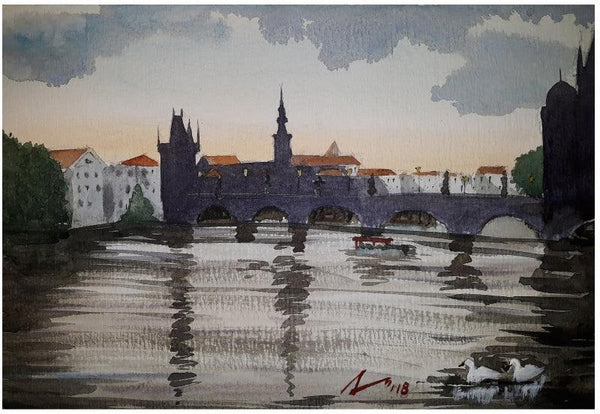 Cityscape watercolor painting titled 'Evening At Charles Bridge Prague', 7x11 inches, by artist Arunava Ray on Paper