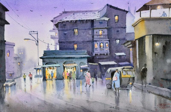 Cityscape watercolor painting titled 'Evening At Nashik', 15x22 inches, by artist Ambadas Nagpure on Paper