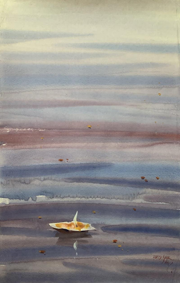 Cityscape watercolor painting titled 'Evening At Varanasi 3', 22x14 inches, by artist Rupesh Sonar on Paper