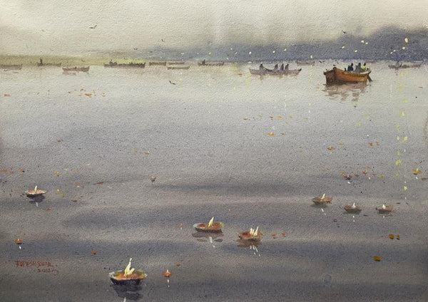 Cityscape watercolor painting titled 'Evening At Varanasi 4', 12x16 inches, by artist Rupesh Sonar on Paper