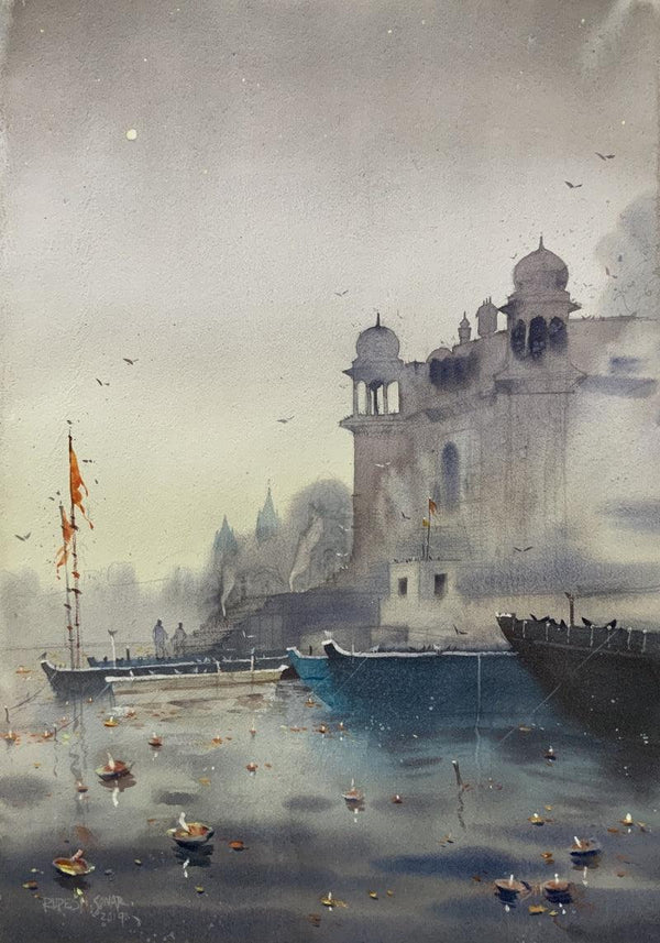 Cityscape watercolor painting titled 'Evening At Varanasi 5', 20x14 inches, by artist Rupesh Sonar on Paper