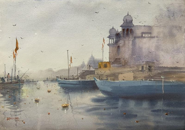 Cityscape watercolor painting titled 'Evening At Varanasi', 14x20 inches, by artist Rupesh Sonar on Paper