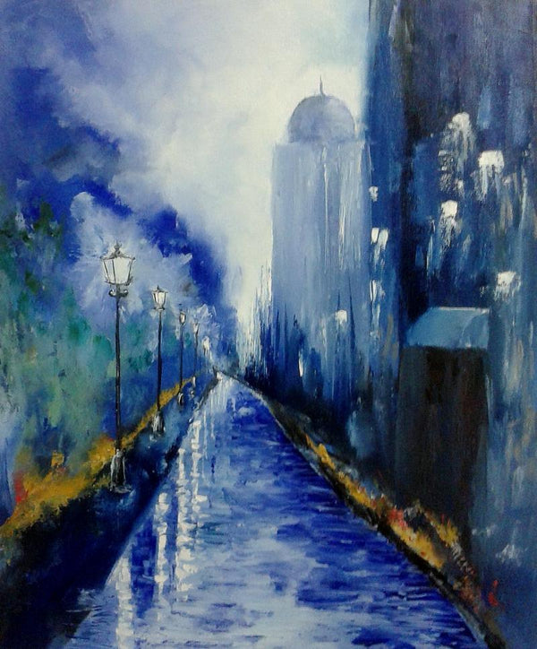 Cityscape oil painting titled 'Evening City', 23x20 inches, by artist Kiran Bableshwar on Canvas