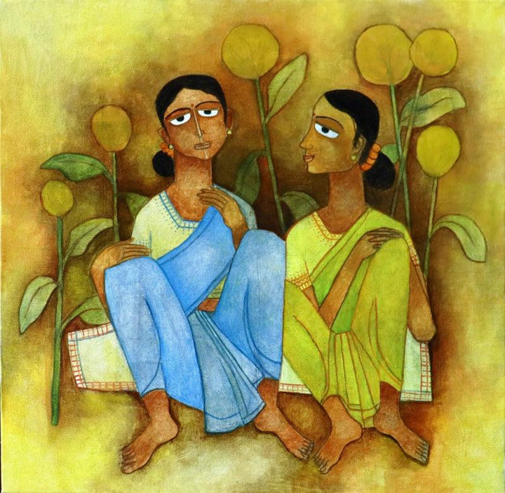 Figurative oil painting titled 'Evening Conversations', 18x18 inches, by artist Mohit Naik on Canvas