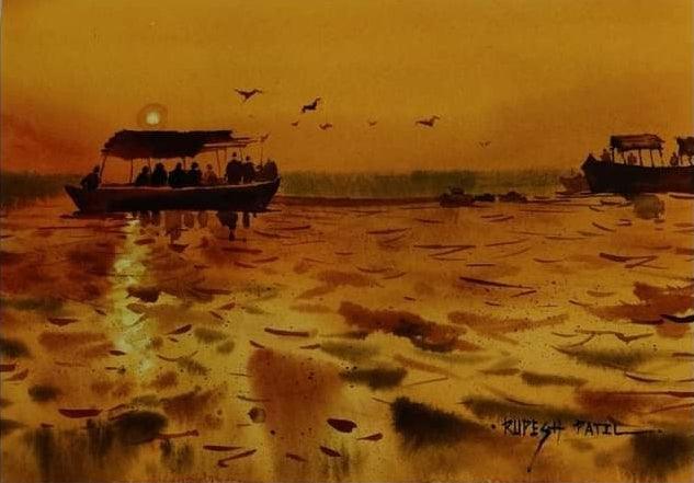 Seascape watercolor painting titled 'Evening Glory', 12x16 inches, by artist Rupesh Patil on Paper