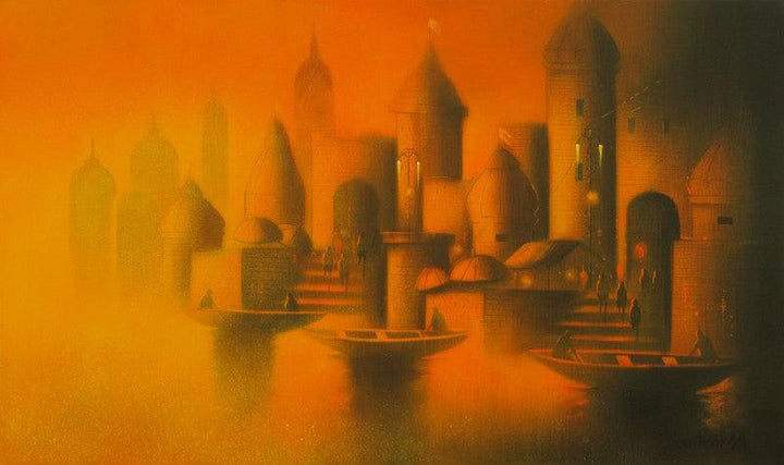 Cityscape acrylic painting titled 'Evening In Banaras', 18x30 inches, by artist Somnath Bothe on Canvas