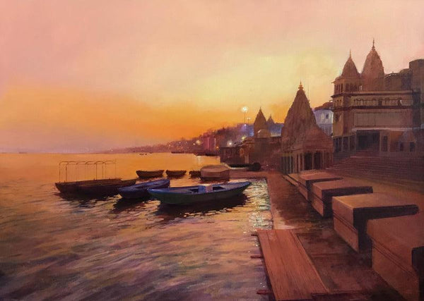 Religious acrylic painting titled 'Evening In Ghat', 22x30 inches, by artist Atif Pachapuri on Canvas