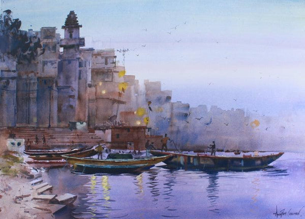 Religious watercolor painting titled 'Evening In Paradise', 22x30 inches, by artist Anupam Chauhan on Paper