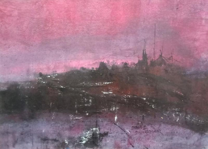 Abstract acrylic painting titled 'Evening Pink 01', 11x15 inches, by artist Dnyaneshwar Dhavale on Acrylic on Paper