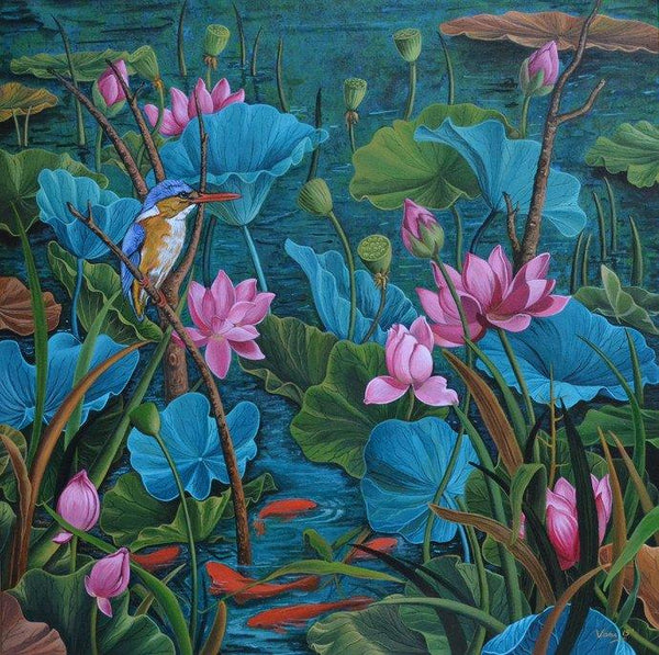 Nature acrylic painting titled 'Evening Song 1', 30x30 inches, by artist Vani Chawla on Canvas