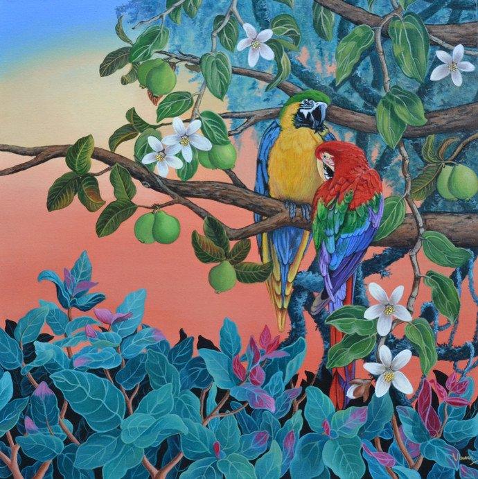 Nature acrylic painting titled 'Evening Song 2', 24x24 inches, by artist Vani Chawla on Canvas