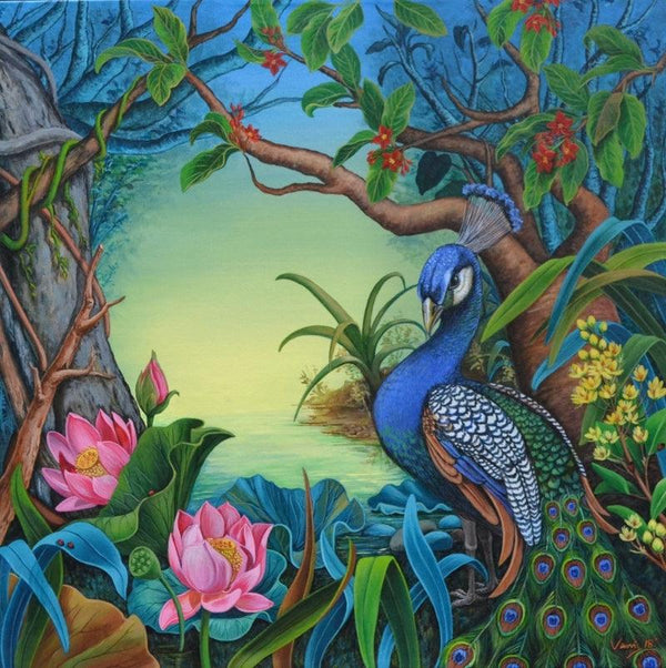 Animals acrylic painting titled 'Evening Song 6', 30x30 inches, by artist Vani Chawla on Canvas