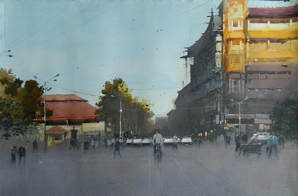 Cityscape watercolor painting titled 'Evening Time', 24x30 inches, by artist NanaSaheb Yeole on Paper