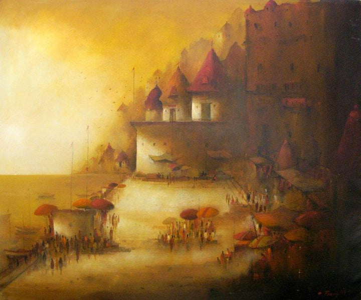 Landscape acrylic painting titled 'Evening veiw of Banaras Ghat 1', 30x40 inches, by artist Parag Adhikari on canvas