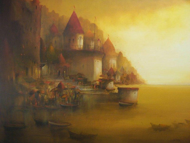 Landscape acrylic painting titled 'Evening veiw of Banaras Ghat', 30x40 inches, by artist Parag Adhikari on canvas