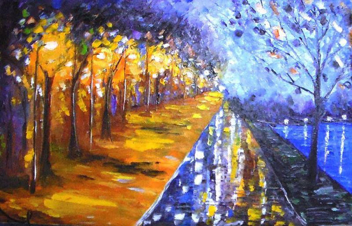 Impressionist oil painting titled 'Evening Walk Near Sankey Tank 20x13 Inc', 20x13 inches, by artist Kiran Bableshwar on Canvas