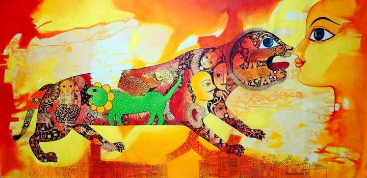 Figurative acrylic painting titled 'Excuse Me', 36x60 inches, by artist Meenakshi Jha Banerjee on Canvas