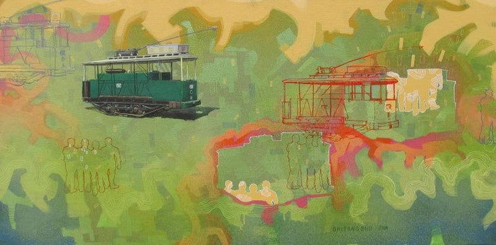 Transportation acrylic painting titled 'Existence Like A Ticket', 24x48 inches, by artist Shitangshu Mondal on Canvas