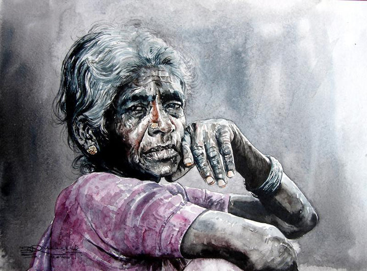 Figurative watercolor painting titled 'Expectation 2', 15x11 inches, by artist SRV ARTIST on Handmade Paper