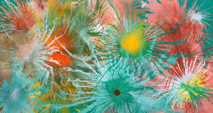 Abstract acrylic painting titled 'Exploflora Series No 2', 23x43 inches, by artist Sumit Mehndiratta on Canvas