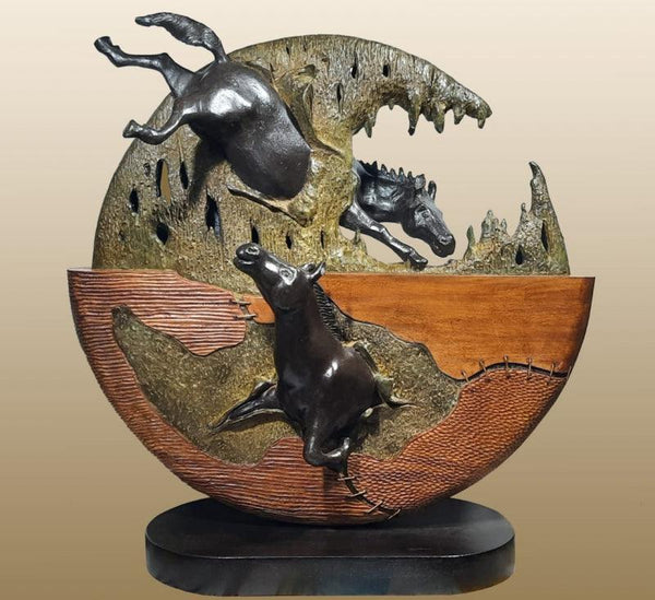 Animals sculpture titled 'Exploration 2', 29x28x16 inches, by artist Subrata Paul on Bronze, Wood