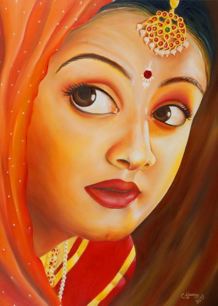 Figurative oil painting titled 'Expressive Lady', 23x18 inches, by artist Abarna on Canvas