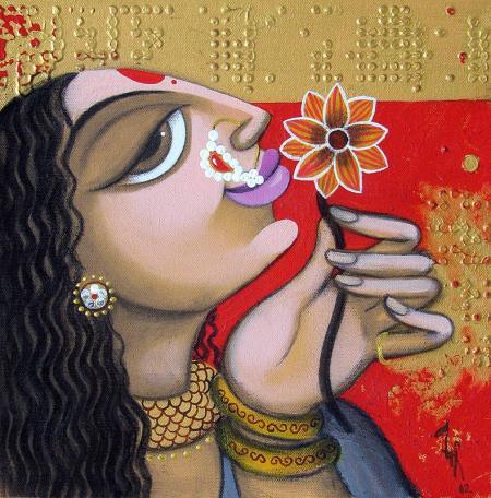 Figurative acrylic painting titled 'Face 18', 12x12 inches, by artist Varsha Kharatamal on Canvas