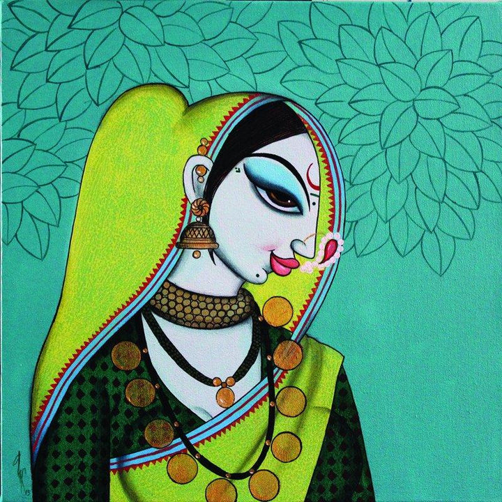 Figurative acrylic painting titled 'Face 28', 18x18 inches, by artist Varsha Kharatamal on Canvas