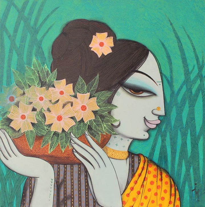 Figurative acrylic painting titled 'Face 8', 24x24 inches, by artist Varsha Kharatamal on Canvas