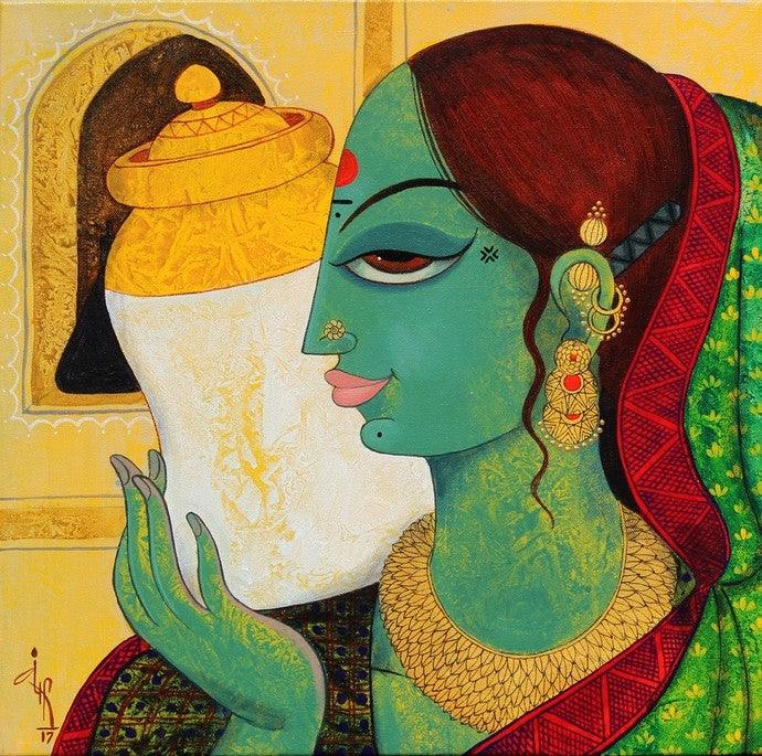 Figurative acrylic painting titled 'Face 9', 18x18 inches, by artist Varsha Kharatamal on Canvas