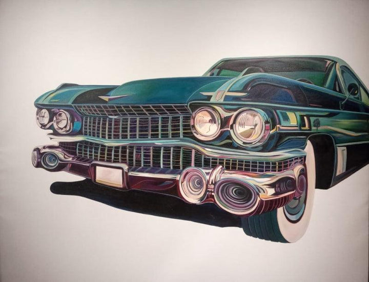 Transportation oil painting titled 'Face Of A Blue Car', 48x60 inches, by artist Thrigulla Murali on Canvas