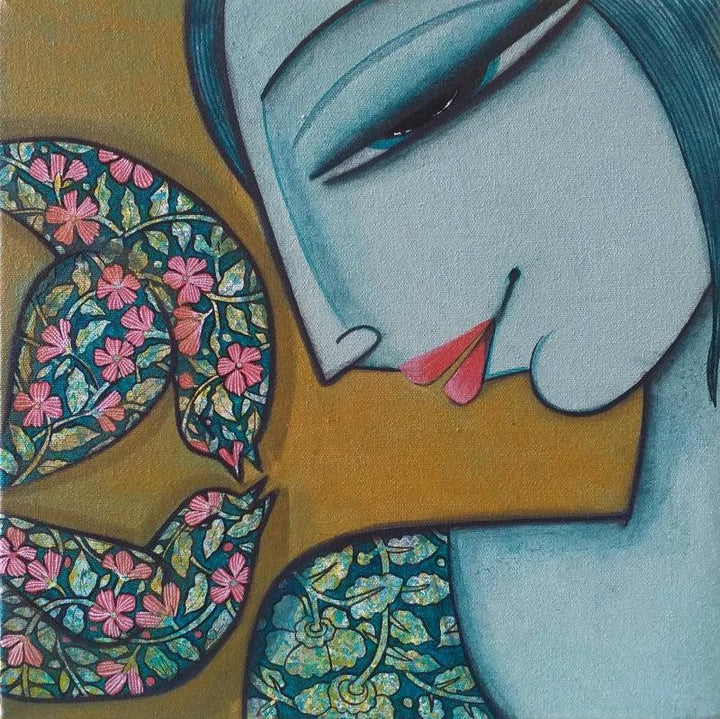 Figurative mixed media painting titled 'Face Series 3', 12x12 inches, by artist Nabanita Konar on Canvas