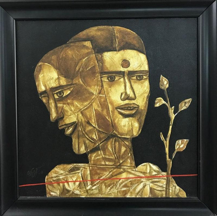 Figurative acrylic painting titled 'Faces 1', 18x18 inches, by artist Laxman Aelay on Canvas