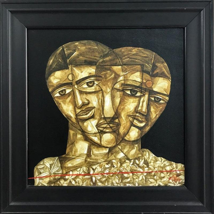 Figurative acrylic painting titled 'Faces 2', 18x18 inches, by artist Laxman Aelay on Canvas