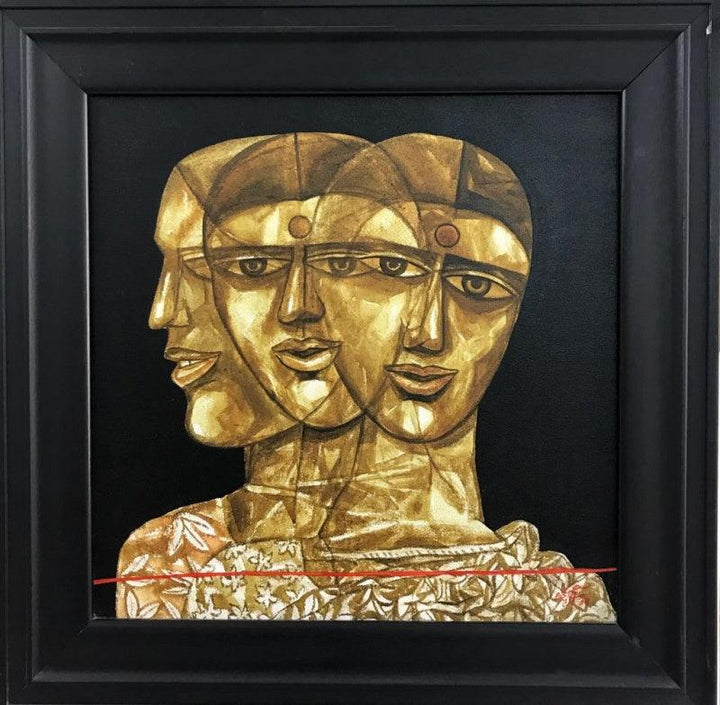 Figurative acrylic painting titled 'Faces 3', 18x18 inches, by artist Laxman Aelay on Canvas