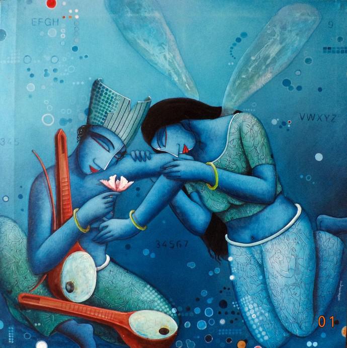 Figurative acrylic painting titled 'Fairy love', 36x36 inches, by artist Samir Sarkar on Canvas